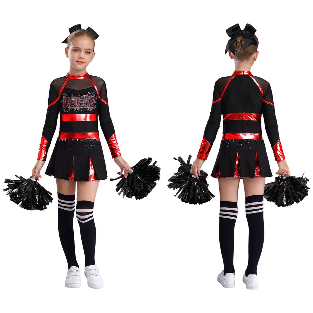 Детский танцевальный костюм Черлидинга для девочек, плиссированное платье с длинными рукавами и головным убором с бантом, комплекты цветов и носков