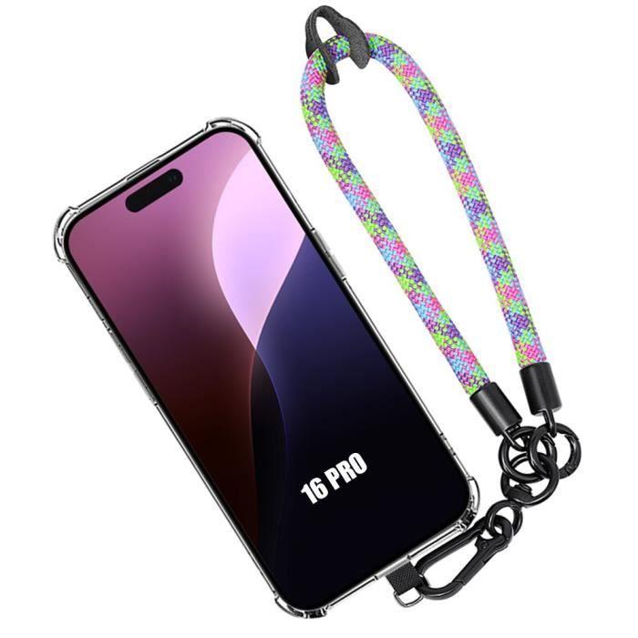 Coque Silicone Transparent pour iPhone 16 Pro - Protection Antichoc - Bracelet Amovible Multicolore