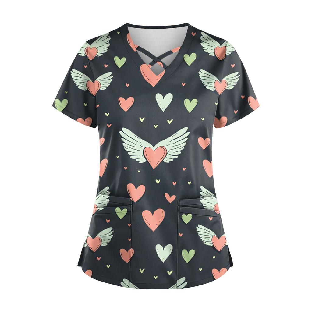 Женский топ с коротким рукавом и V-образным вырезом, принтом ко Дню святого Валентина, карманом Dry-nurse