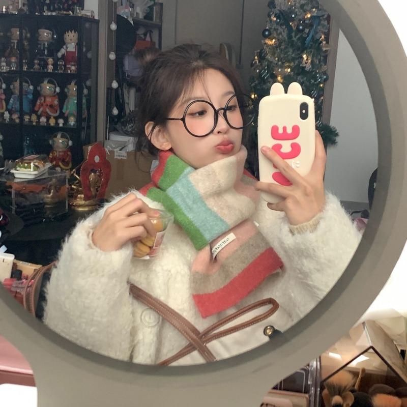 New Rainbow Scarf with Wool Women's Autumn and Winter Versatile Cute Girl Student Neck Scarf