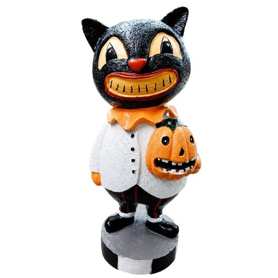 Indoor Outdoor Spooky Ornaments Black Cat Figurines, Vintage Halloween Ornament with Pumpkin, Small Retro Tabletop Decor Resin Table Decoration