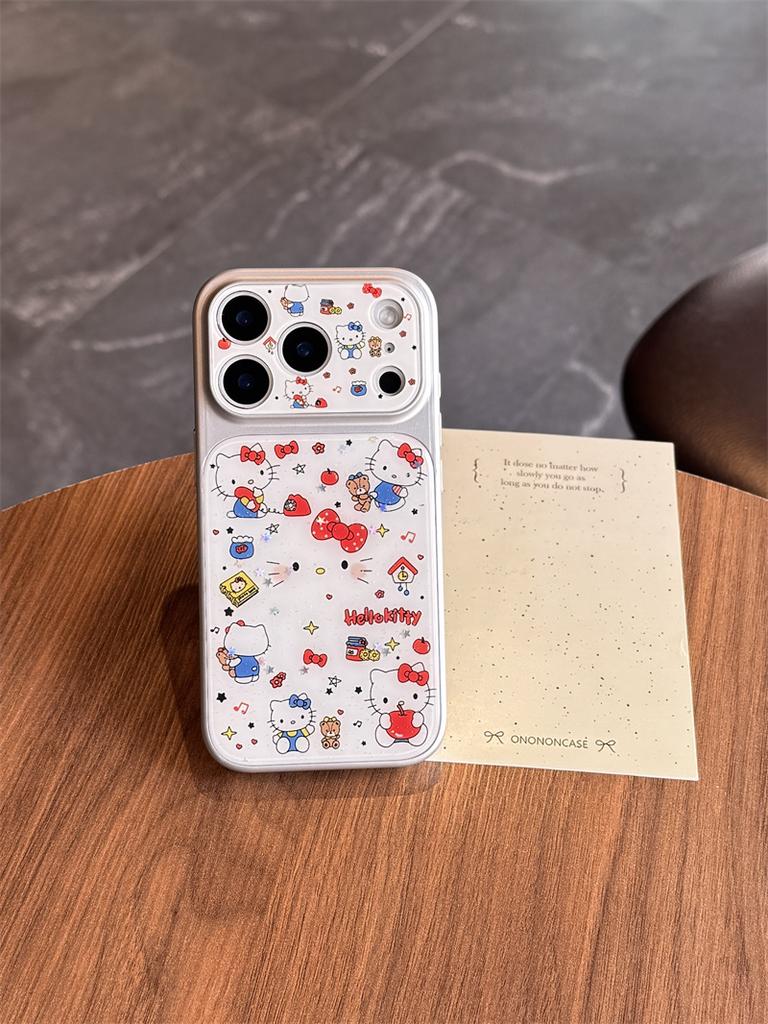 Kawaii Characters Hello Kitty Glitter Phone Case For iPhone 15 16 17 Pro Max INS Cute Sweet Style Large Window Shockproof