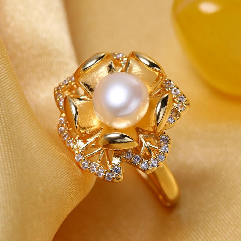 seniko Кольца с натуральным пресноводным жемчугом для женщин, модное женское кольцо с кубическим цирконием и цветком, ювелирные изделия с жемчугом, регулируемое кольцо