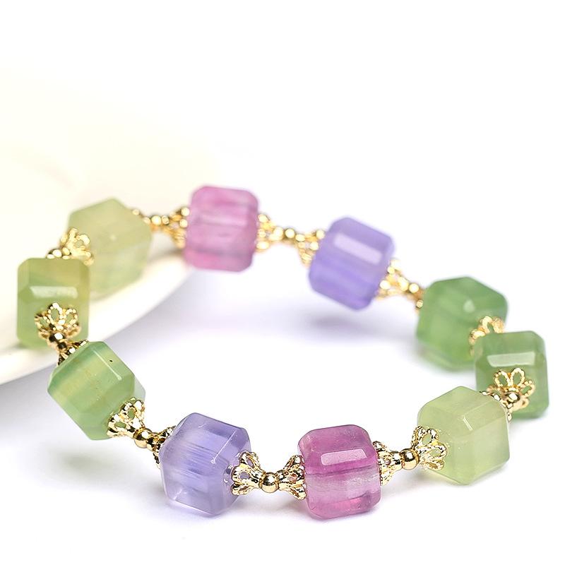 Браслет кубический из натурального цветного флюорита Hongchu Crystal, Браслет с квадратными бусинами из флюорита с градиентом цвета Единорога