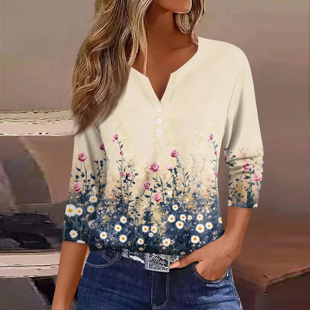 Women's T Shirt Print Button 3/4 Sleeve Daily Weekend Fashion Basic V- Neck Regular Top