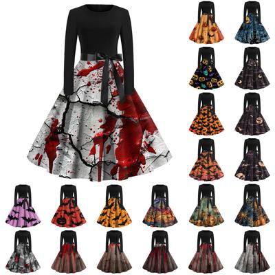 Платье-клеш с принтом на Хэллоуин для женщин с длинным рукавом, повседневные платья с круглым вырезом и ажурной отделкой