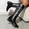 Fashion Embroidered Black Long Boots Women 2025 Autumn Pu Leather Knee High Boots Woman Plus Size 43 High Heels Cowboy Shoes Botas Mujer
