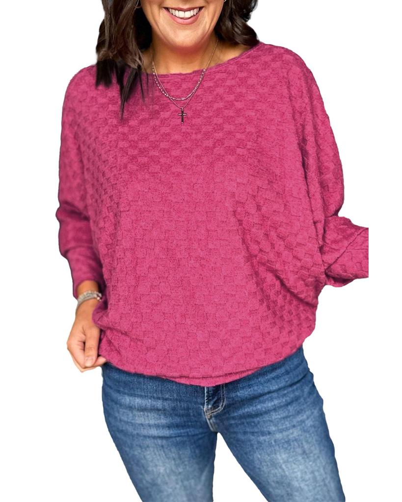 Azura Exchange Bright Pink Checker Textured Dolman Sleeve Top