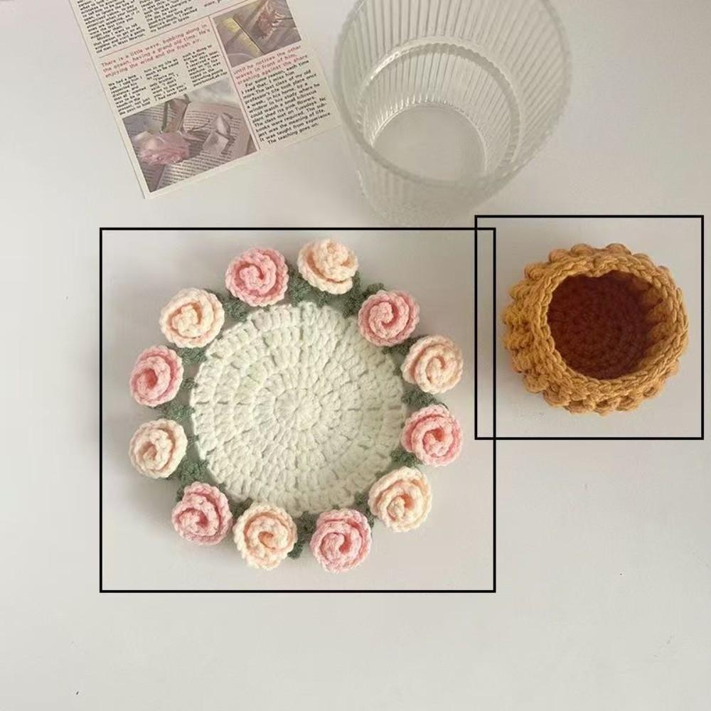 New Mini Daisy Bouquet Coaster Washable Sunflower Crochet Coasters Soft and Cute with Basket Flora Cup Pads Holiday Gifts