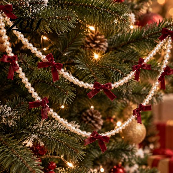 Christmas Tree Hanging Decor Velvet Bow Faux Pearl Garland, 2 Layers Beads Vintage Style Xmas Decorations String Strand for Tree, Wreath, Fireplace,
