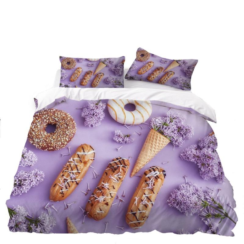 Twin/Full/Queen Size Cute 3D Food-Printed Down Quilt Cover & Pillowcase Bedding Set with Dessert Doughnut Pattern