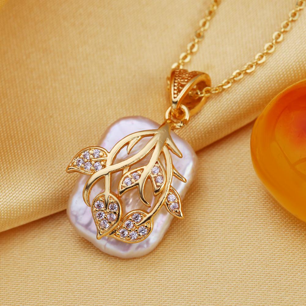 SENIKO Natural Freshwater Big Baroque Pearl Necklaces For Women Fashion Flower Cubic Zirconia Pendant With Chain Birhday Gift
