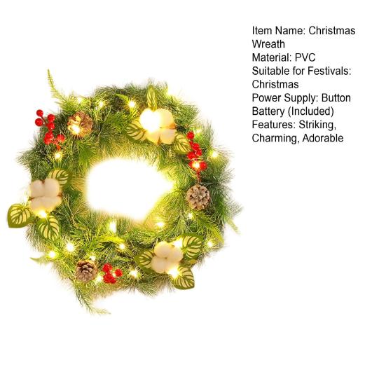 Pre-Lit Christmas Wreath for Front Door 12 Inches LED Lighted Artificial Christmas Wreath with Pine Cones Berries for Indoor Outdoor Decor