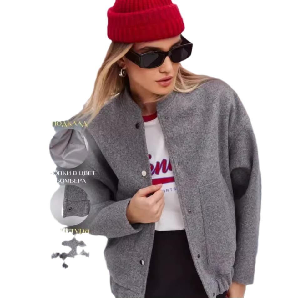 Grey Wool Blend Short Jacket for Women Casual Sports Style