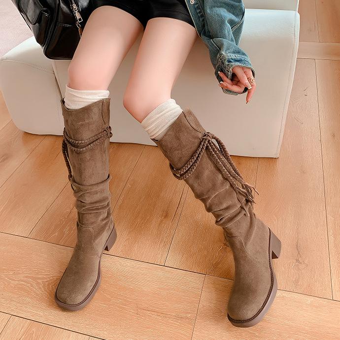 Ретро пустошь бахрома рыцарские сапоги женские сапоги на толстом каблуке 2025 новые осенне-летние западные ковбойские сапоги-чулки