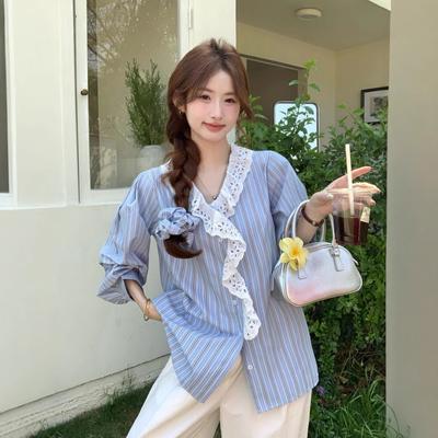 Морская соль Кислород Корейская версия Ленивая Полосатая V-образный вырез Кружевная рубашка Женский Шикарный Топ с длинным рукавом