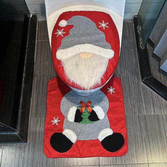 Yousheng Santa Toilet Seat Cover 2-Piece Christmas Bathroom Set Santa Claus Toilet Seat Cover And Mat Set for New Year Indoor Bathroom Decor