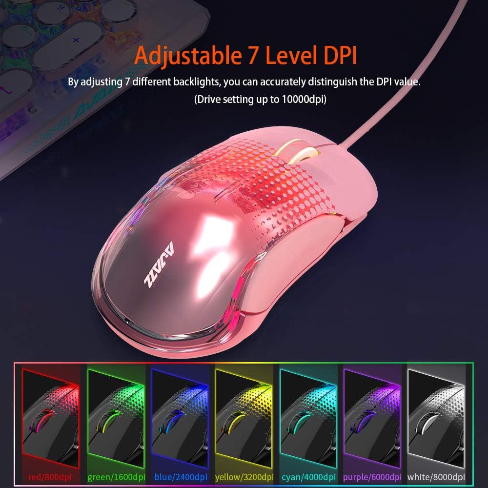 Ajazz AJ358 Gaming Computer Mouse RGB Transparent New Backlit Lightweight Pink AJ358 3D Optical Wired Laptop Desktop