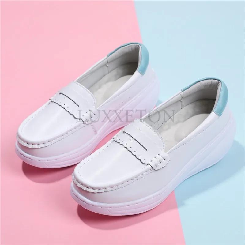 Туфли медсестры из натуральной кожи, женские, дышащие, с мягкой подошвой, медицинская обувь, обувь на толстой подошве, весна-осень, туфли-бисквит