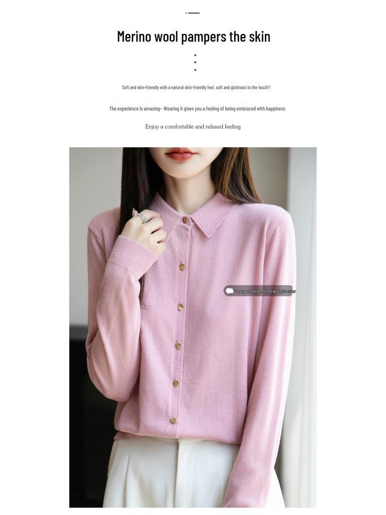 Женский вязаный кардиган на начало осени: Свитер-топ с воротником поло и длинными рукавами