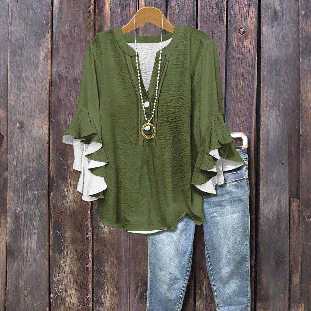 Women's Fashion Casual Button V-Neck Seven Sleeve Vintage Solid Color Shirt Top