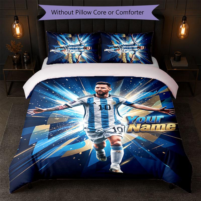 Lionel Messi Custom Name Text Bedding Set 1 Duvet Cover+2 Pillowcases Soccer Logo Personalized Gift For Special Occasion Bedroom Decor