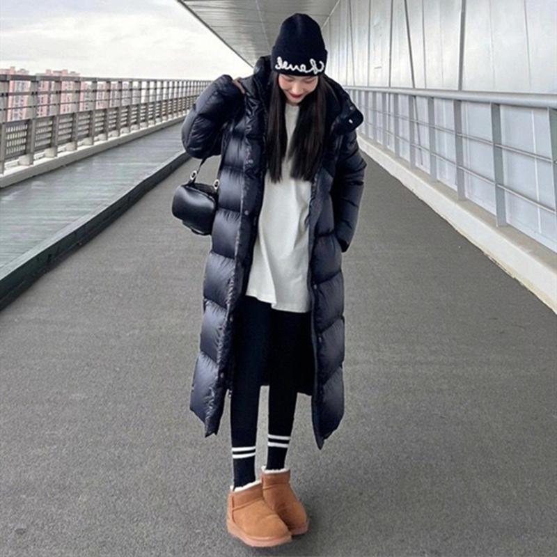 Women's Winter Autumn Hooded White Duck Down Jacket Coat Loose Long Solid Color Big Pocket Windproof Down Coat