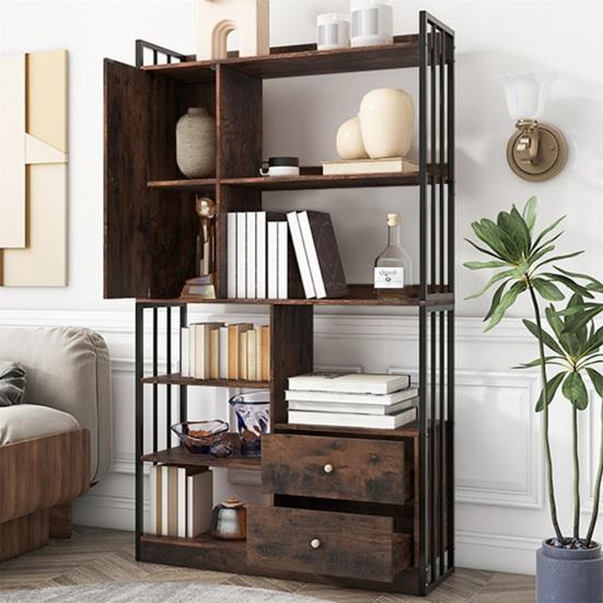 Bookcase, 6 Shelf Bookcase with Doors And Drawers Floor To Ceiling Bookcase, Industrial Bookcase, Steel Shelf,