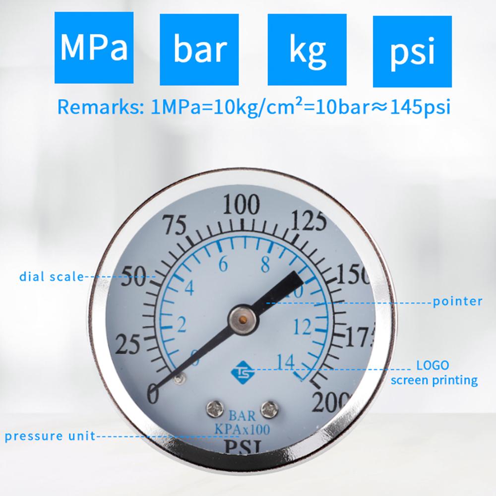 TS-50-14bar 0-200 PSI Test Range Oil Pressure Gauge 1/4'' NPT Bottom Mount Pressure Gauge Dual Scale Water Pressure Gauge