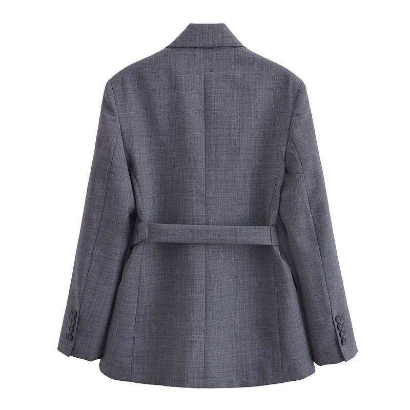 Womens Slim Fit Blazer With Waist Belt Office Chic Tailored Jacket In Dark Gray Long Sleeve