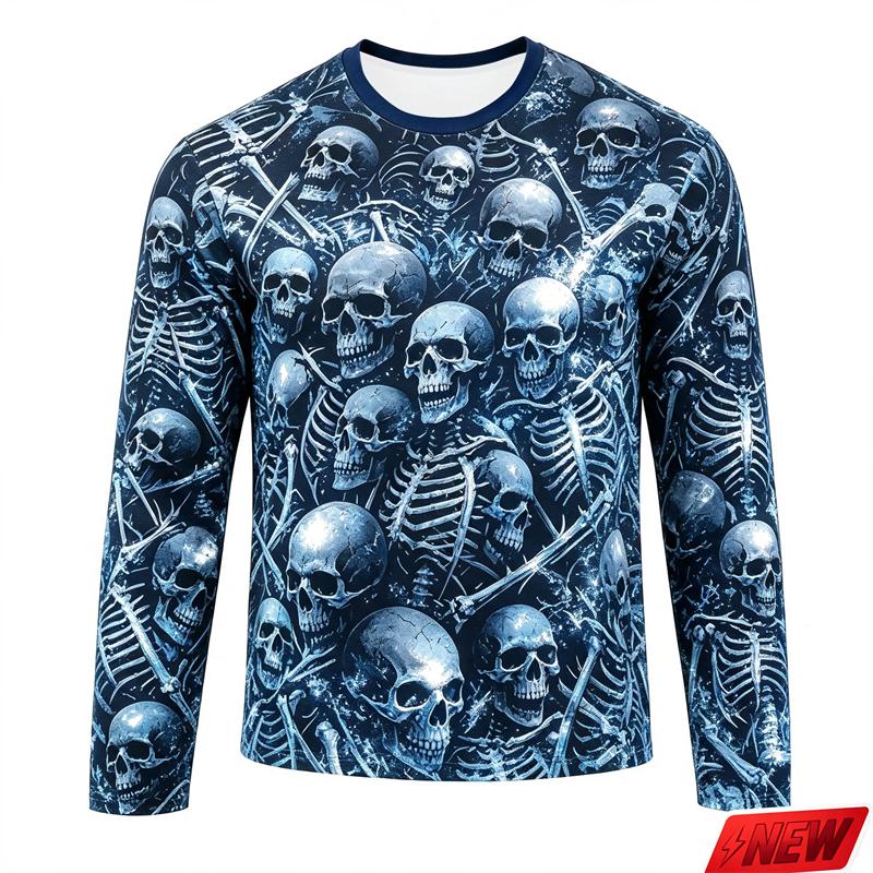 Halloween Men's Scary Skull Print T-Shirt Fashionable Trendy Street-Style Long Sleeve Loose-Fitting Breathable Men's Top