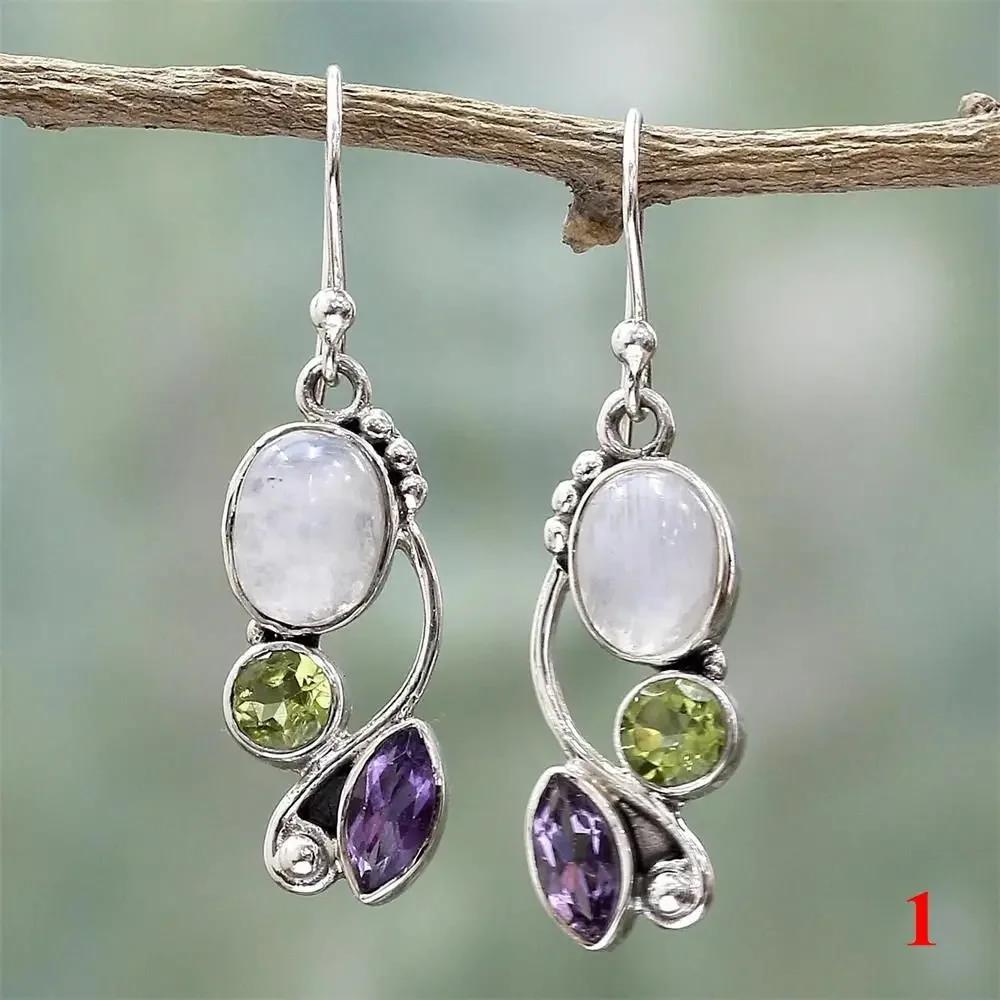 Women Natural Charm Multi-Gemstone Rainbow Moonstone & Peridot & Amethyst & Turquoise Pendant Earrings Vintage Jewelry