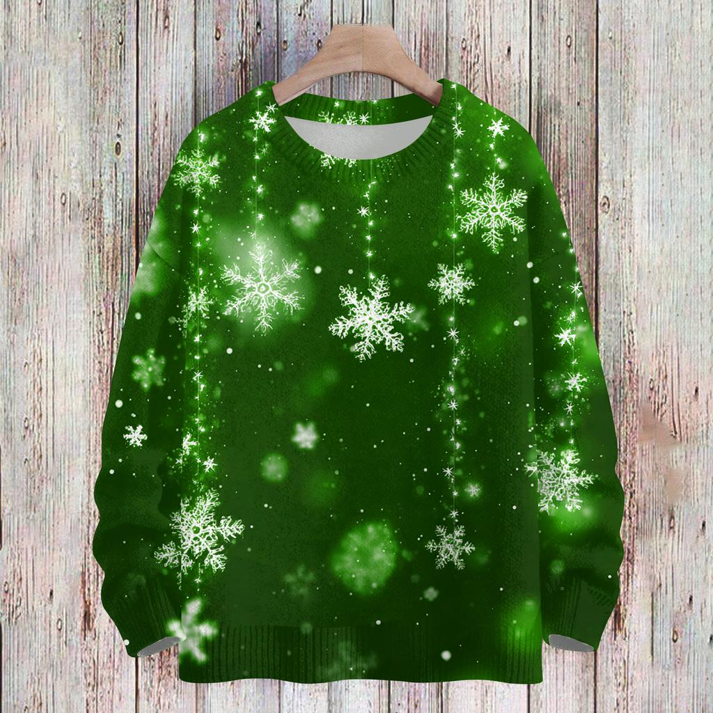 Женский Модный И Повседневный Рождественский Милый Принт Круглый Вырез Длинный Рукав Вязаная Пряжа