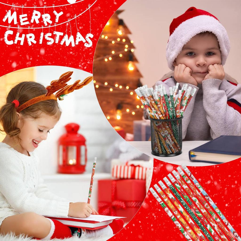 Christmas Pencils with Eraser, 48pcs Xmas Themed Pencil with Santa Claus, Elk, Christmas Tree and Snowflake for Kids Children Christmas Party