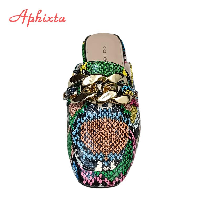 Мода Aphixta Лето Новые Цепочки Женские Шлепанцы со Змеиным Принтом Обувь с Квадратным Носком Классическая Золотая Пряжка Веревочные Шлепанцы Обувь Плюс Большой Размер 43