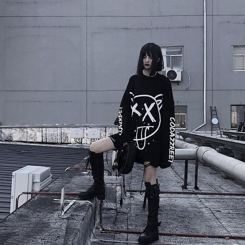 Готическая футболка в стиле Харадзюку, женская корейская модная черная футболка с длинными рукавами в стиле хип-хоп, панк, уличная одежда, осенние топы в готическом стиле, женская футболка