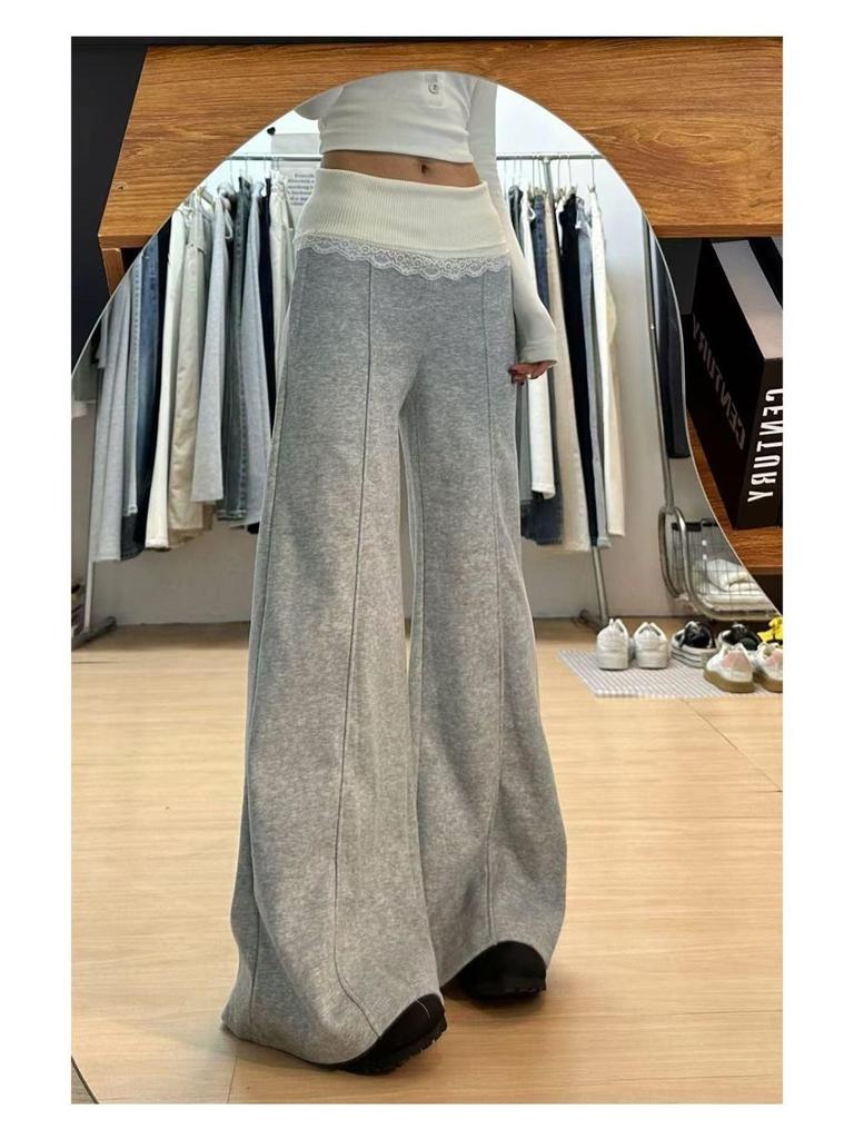 Женские осенние вязаные брюки с кружевом на флисовой подкладке с широкими штанинами - Универсальные, повседневные, длиной до пола спортивные брюки