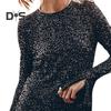 Women Dress Shiny Sequin Hollow Out Back Long Sleeve Loose Round Neck Split Cuff Sheath Individual Streetwear Club Party Dance Mini Dress