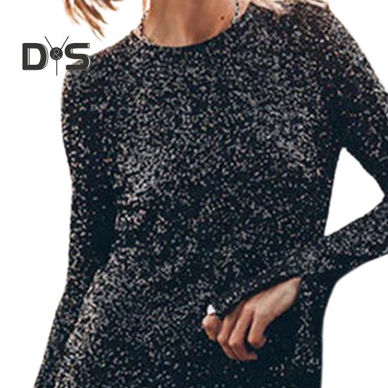 Women Dress Shiny Sequin Hollow Out Back Long Sleeve Loose Round Neck Split Cuff Sheath Individual Streetwear Club Party Dance Mini Dress