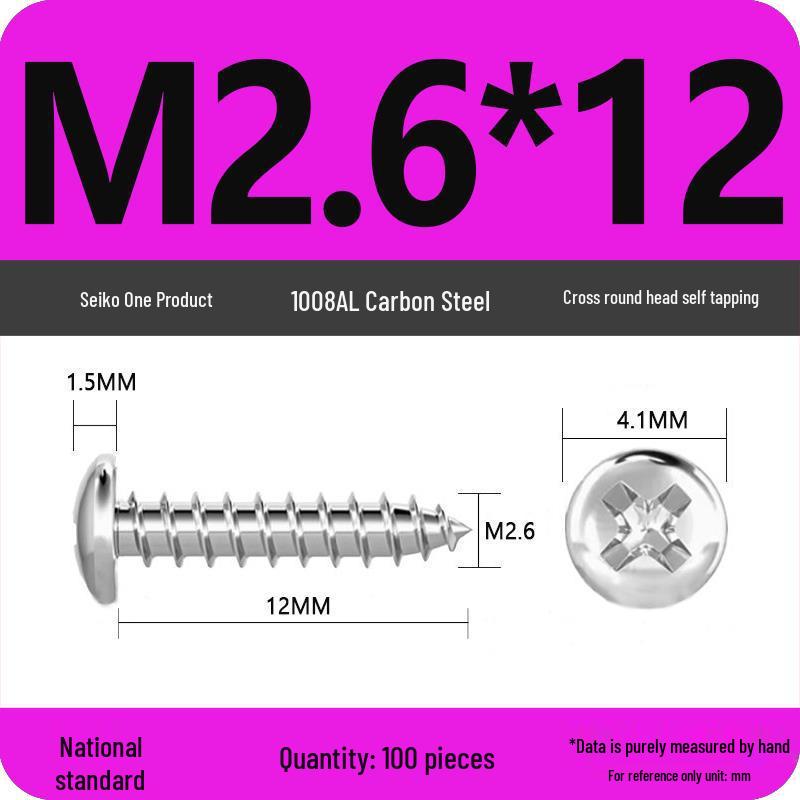 Galvanized Self-Tapping Screws, Round Head, White Zinc, PA Cross Pan, Pointed Tail M1.2-M4