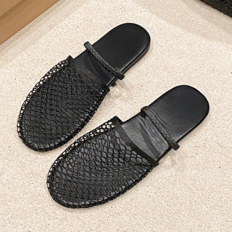 Модные летние плоские сандалии Женская мода Круглый носок Глубокий вырез Сетчатая ткань Дышащие Мягкая подошва Противоскользящие Износостойкие Шлепанцы