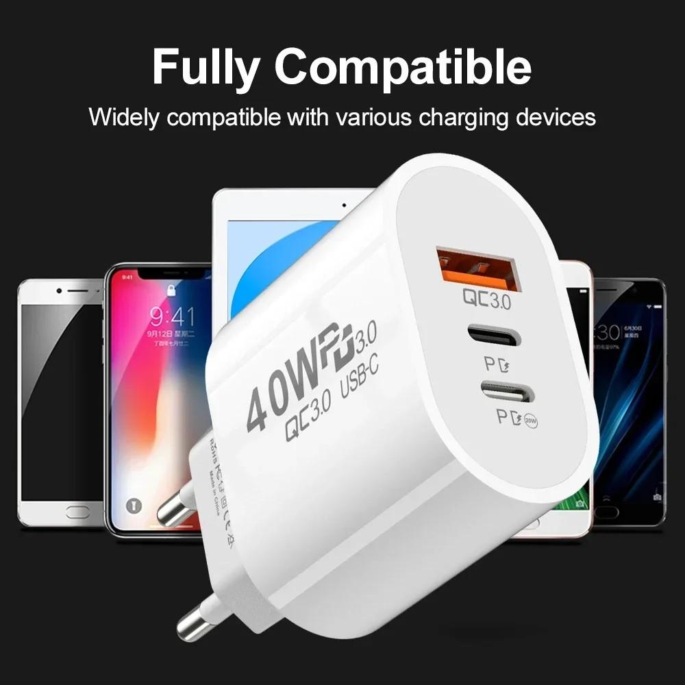 Адаптер питания 40 Вт с 2 портами PD и 1 портом QC 3.0 для быстрой зарядки, USB Type-C, настенное зарядное устройство, вилка США/ЕС для iPhone Samsung Xiaomi Quick Charge