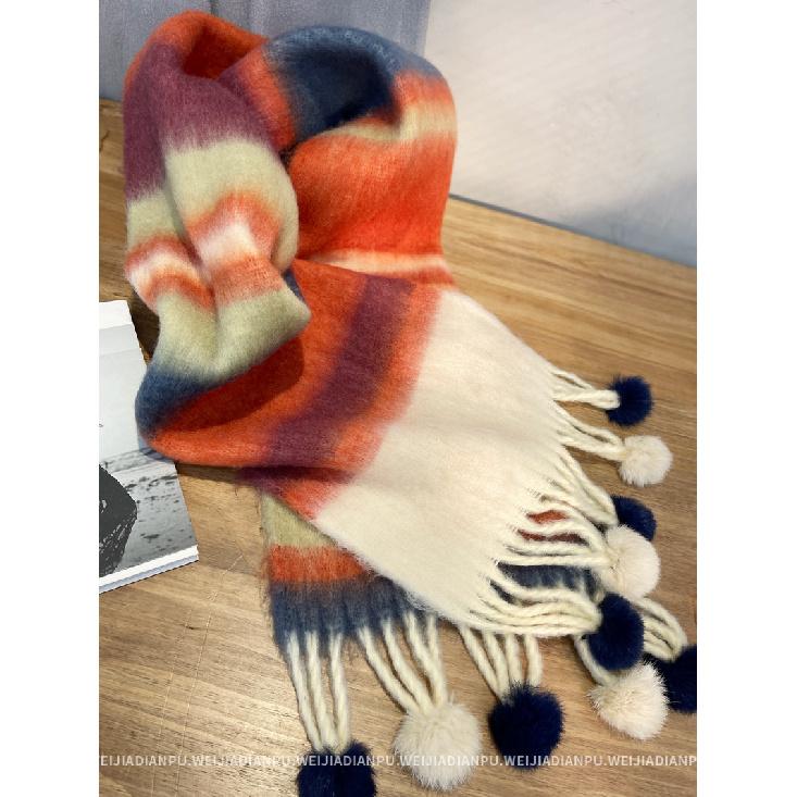 A Cute And Versatile Scarf With A Fashionable Design For Women Featuring Thick Woolen Balls Brushed Hair Tassels And Striped Stripes