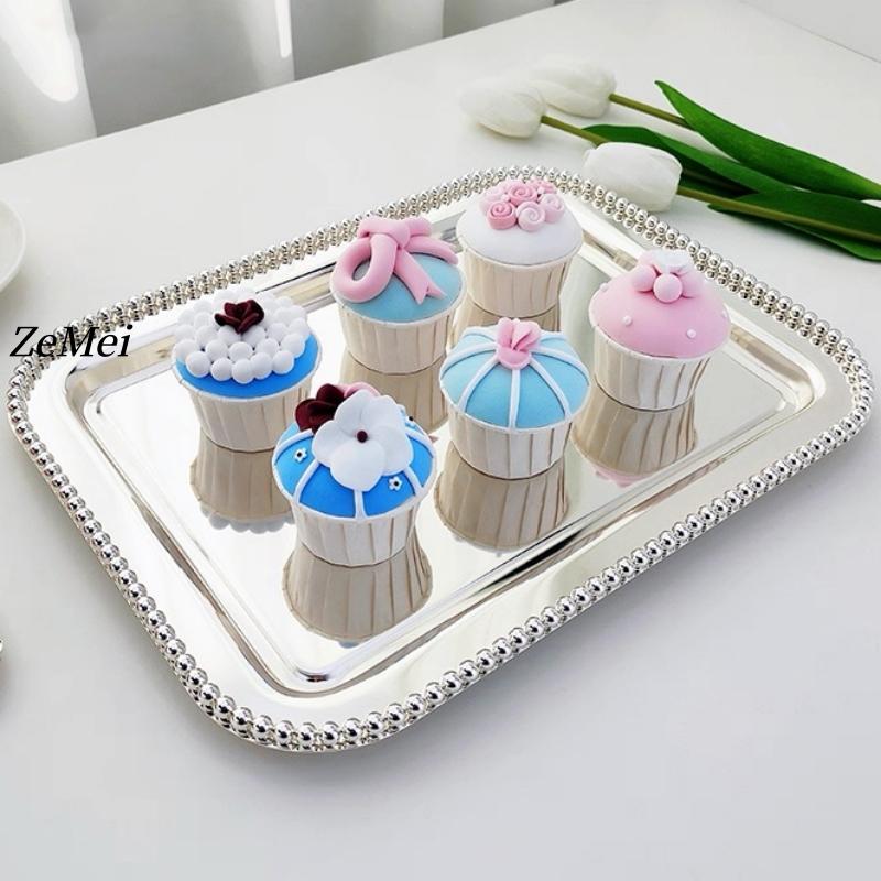 European Style Square Shape Fruit Plate,36 cm Pearl Dot Silver Metal Cake Plate Home Food Tray, Snack Disc Table Decoration