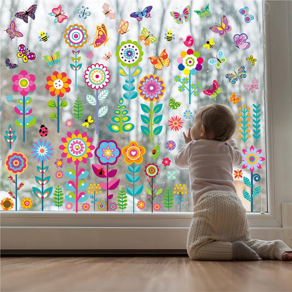 Flower Butterfly Window Stickers Plant Home Living Room Children's Kindergarten Glass Decoration Electrostatic Spring and Summer Window Stickers