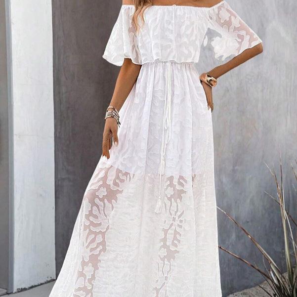 Женское летнее повседневное белое платье с открытыми плечами и вышитым кружевом с высоким разрезом