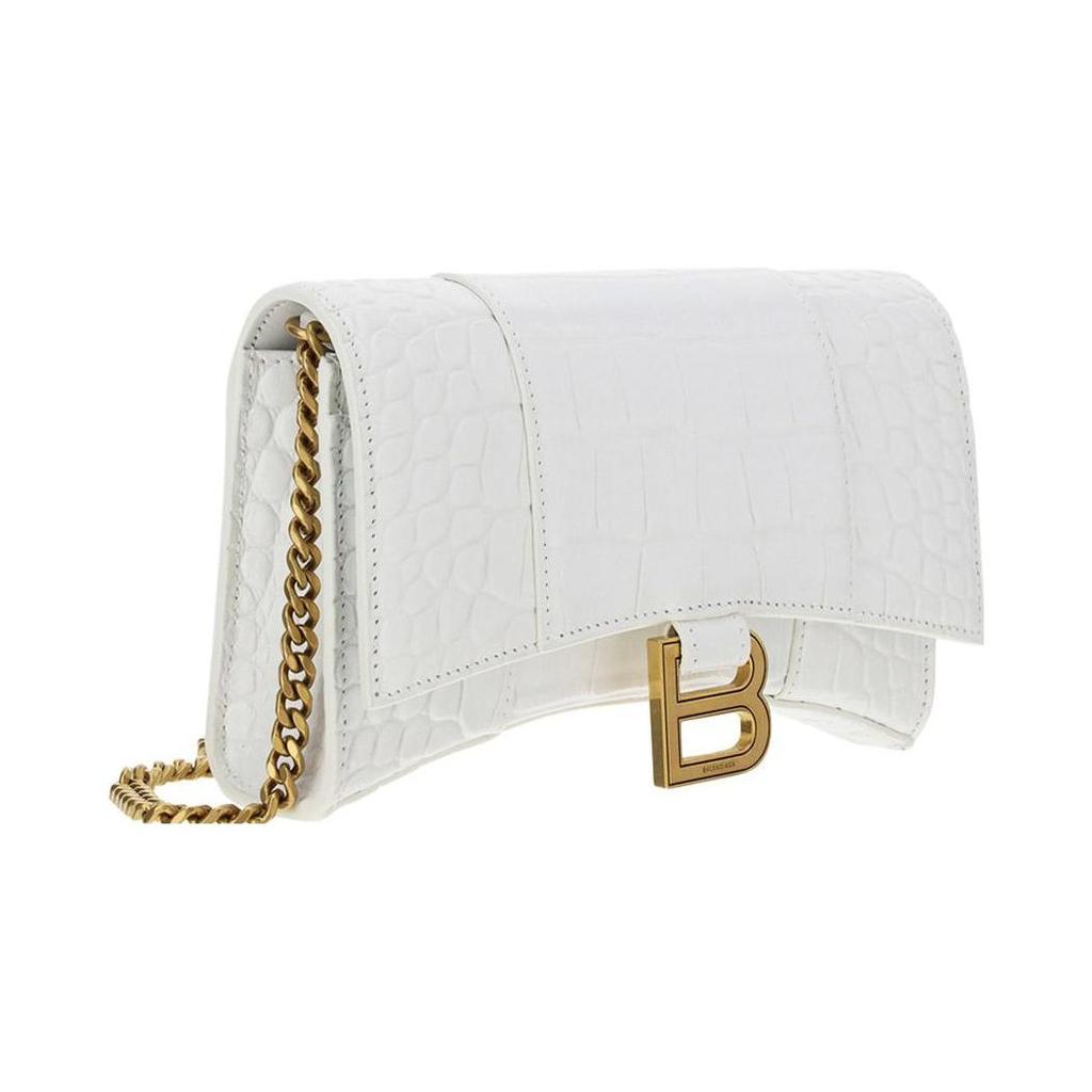 Balenciaga Hourglass Distressed Gold Hardware Adjustable Chain Strap Crocodile Embossed Calfskin Shoulder Crossbody Wallet 6560501LRGM9001
