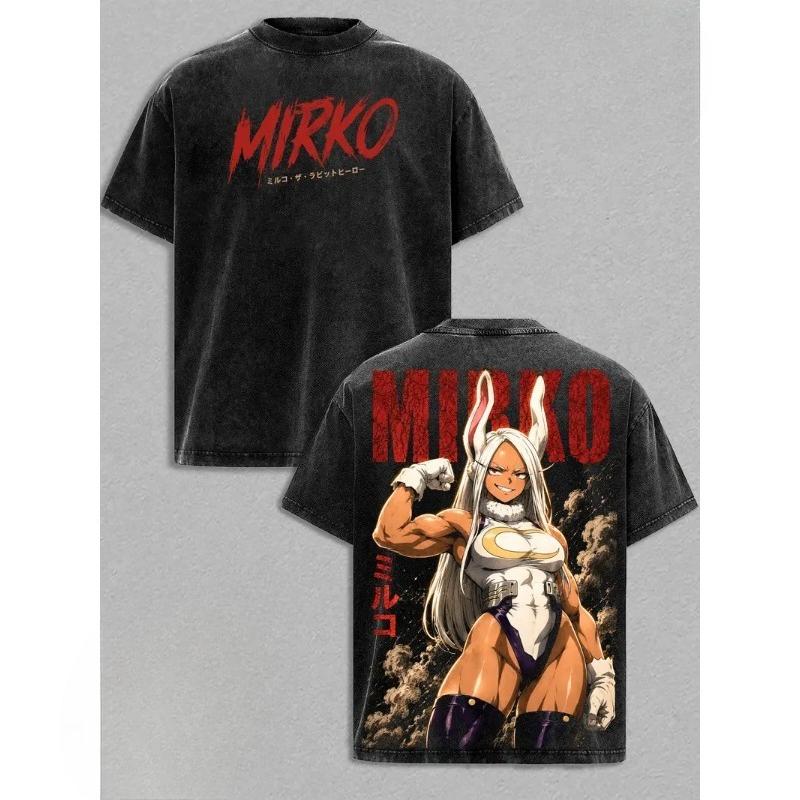 Mirko Printed Tee Anime My Hero Academia Clothing Men Women Retro Washed T-shirts Short Sleeve Tshirt Harajuku Cotton T Shirt