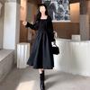 French Style Loose Fit Black Dress With Knit Fabric And Hood For Casual Women