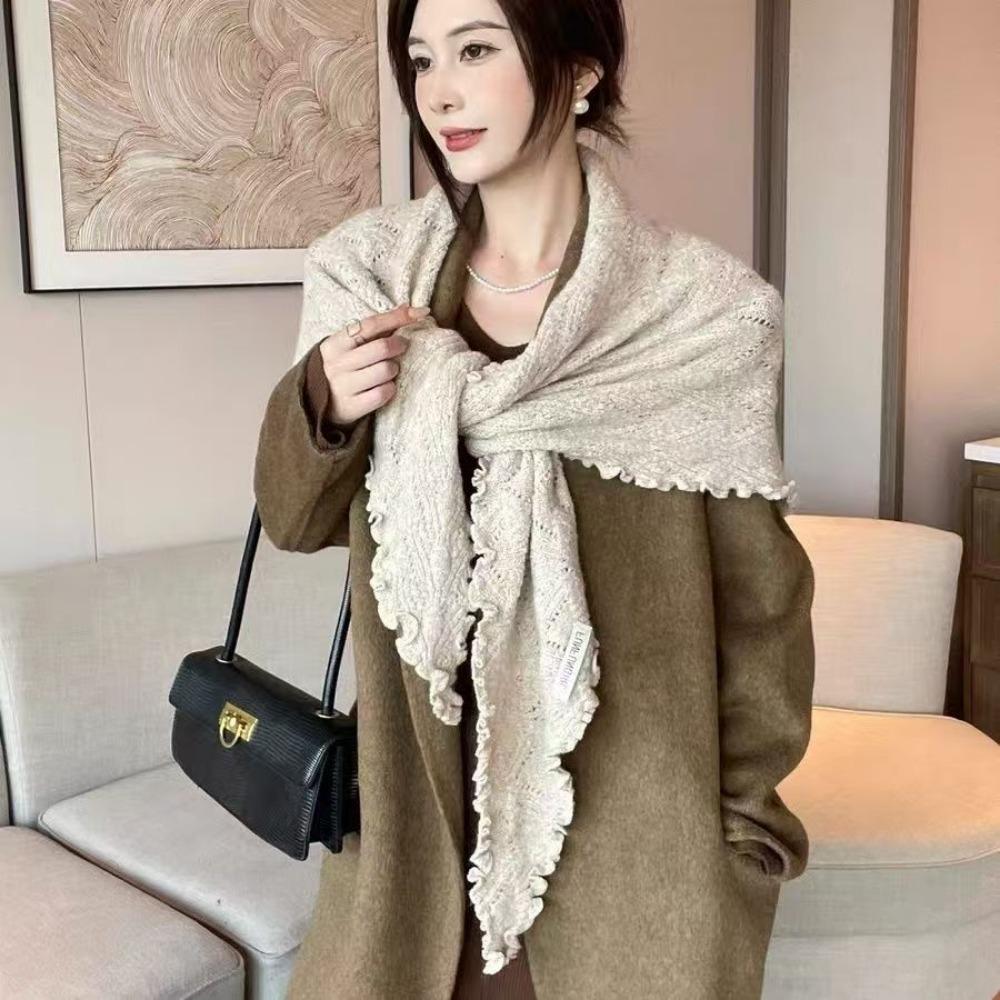 Ruffled Edge Knitting Scarf Soft Breathable Hollow Scarf Triangular Scarf Spring Autumn Winter